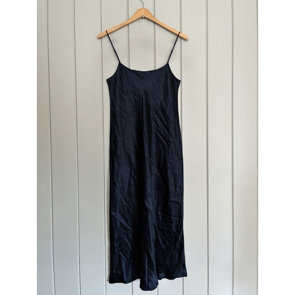 Vince Midi Slip Dress S Small Navy Blue Japanese Satin Strap Sleeve NAIA - Picture 5 of 6